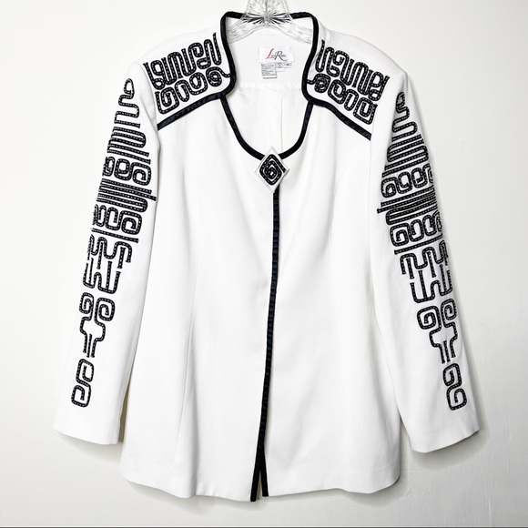 Vintage Jackets & Blazers - Vintage Lisa Rene Black White Beaded Blazer Plus Size 16